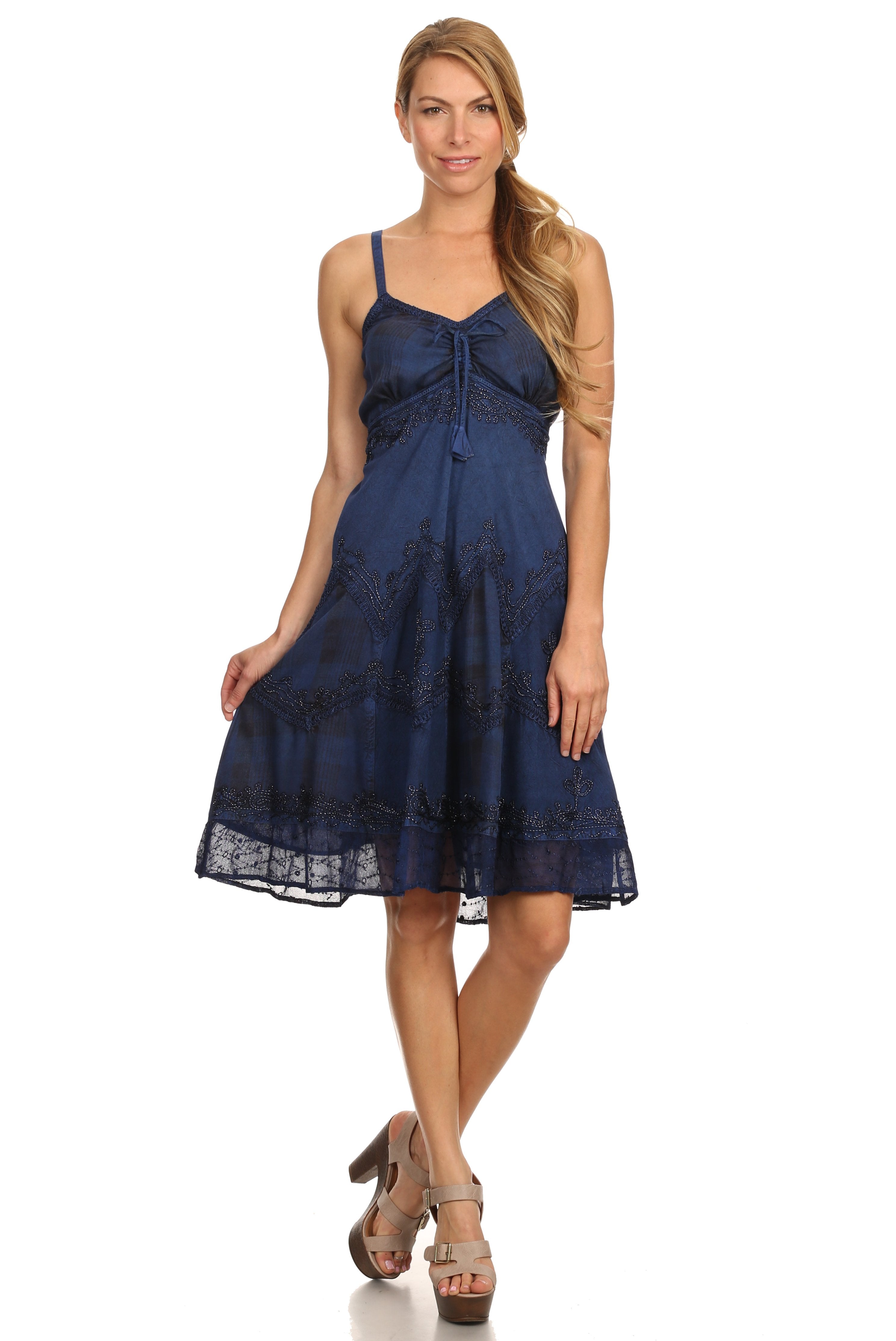 Sakkas Lacey Stonewashed Embroidered Silver Threaded Spaghetti Strap Dress