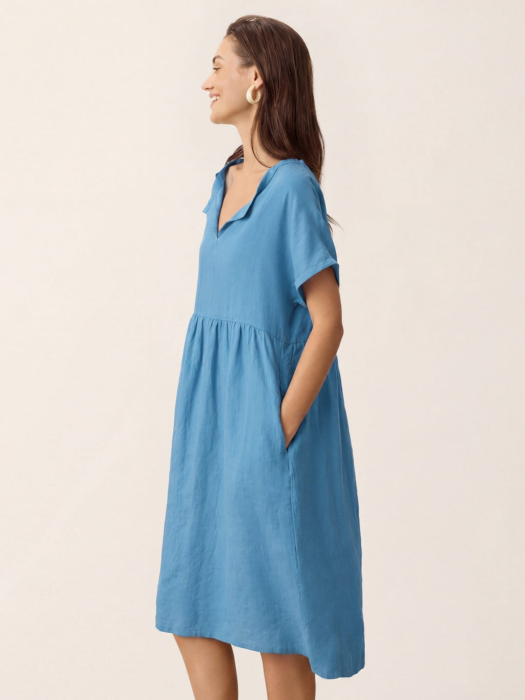 Linen Gathered-Hem Split-Neck Mini Dress SYDNEY